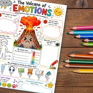 Pode incluir: Uma folha de exercícios intitulada The Volcano of Emotions com uma ilustração central de um vulcão, secções para desenhar ou escrever sobre gatilhos de raiva, sensações físicas e estratégias de gestão, acompanhada por lápis de cor.