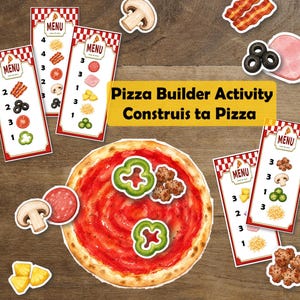 May include: A pizza builder activity set featuring a round pizza base with red sauce, various food topping cutouts including mushrooms, bacon, olives, ham, pineapple, peppers, and sausage, and several menu cards with the text Pizza Builder Activity.