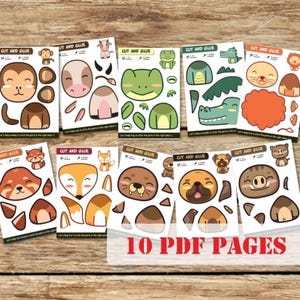 Può includere: Dieci pagine PDF stampabili con lavoretti di ritaglio e incollatura di animali. Ogni pagina mostra un volto e parti del corpo di un animale diverso, come una scimmia, una mucca, una rana, un coccodrillo e un leone. Il testo "CUT AND GLUE" è visibile.