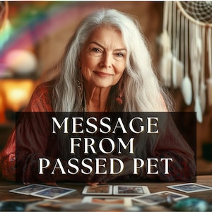 以下が含まれることがあります： 長い灰色の髪の年配の女性が微笑んでいます。背景には虹とドリームキャッチャーがあります。「MESSAGE FROM PASSED PET」というテキストが暗いバナーに表示されています。テーブルにはタロットカードがあります。