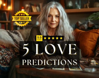 Könnte beinhalten: Eine Frau mit langen grauen Haaren sitzt an einem Tisch mit Tarotkarten. Der Text "5 LOVE PREDICTIONS" ist zu sehen. Ein "Top Seller"-Abzeichen und eine 5-Sterne-Bewertung sind ebenfalls sichtbar.