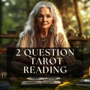 May include: An image of a woman with long white hair, wearing layered necklaces, sitting cross-legged in a forest setting. The text "2 QUESTION TAROT READING" is displayed on a black banner. Tarot cards and candles are in the foreground.