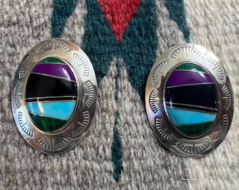 Vintage Sterling Silver Turquoise and other stones like Malachite inlaid stud earrings.  Pre-Owned.