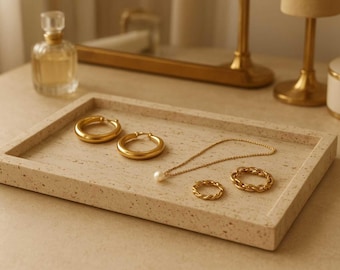 Vassoio da toeletta in marmo travertino / Organizer minimalista per piano di lavoro / Decorazione per spa / Vassoio da portata in pietra di lusso / Vassoio portaoggetti