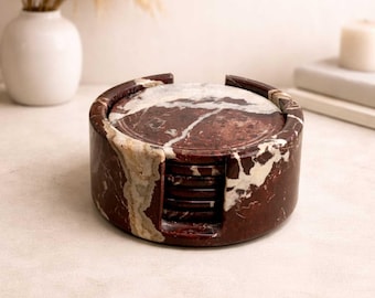 Handmade Rosso Levanto Marble Coasters, Red Zebra Set of 6 Coaster Set with Holder