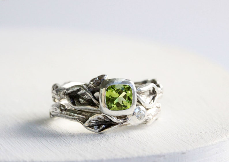 Silver Twig Ring Set,Nature Tree Fine Jewelry Square Peridot,White Sapphire,Leaf Twig Engagement Ring Set