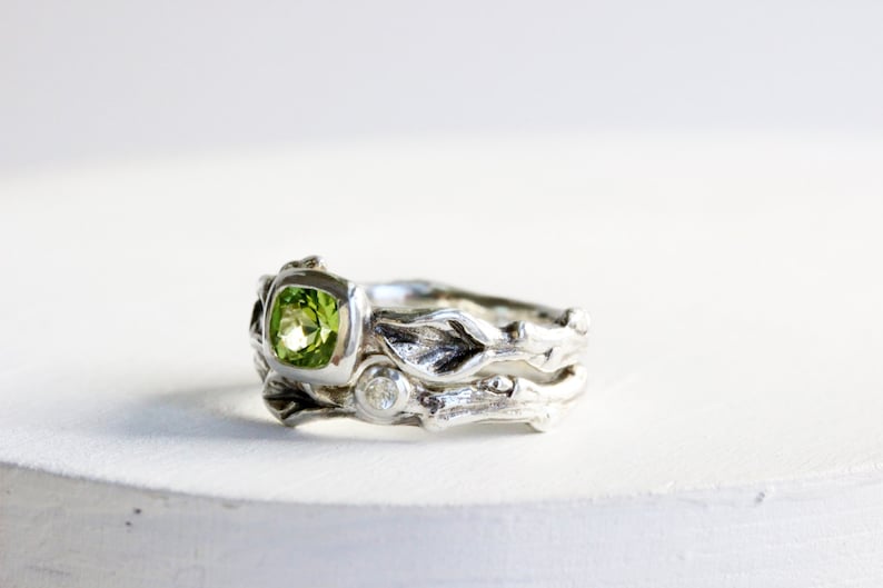 Silver Twig Ring Set,Nature Tree Fine Jewelry Square Peridot,White Sapphire,Leaf Twig Engagement Ring Set