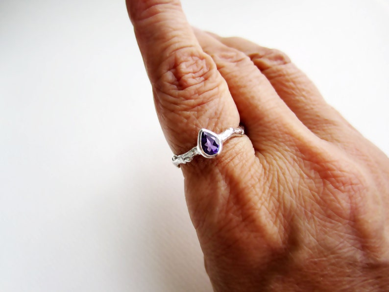 Pear Amethyst Silver Twig Ring,Tree Nature Inspired Ring Handmade Fine Jewelry