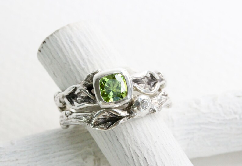 Silver Twig Ring Set,Nature Tree Fine Jewelry Square Peridot,White Sapphire,Leaf Twig Engagement Ring Set