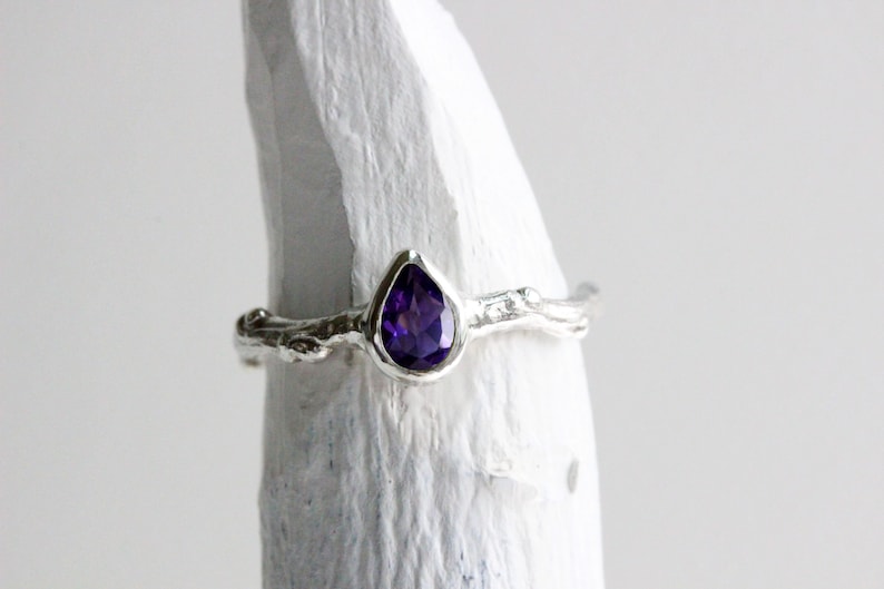 Pear Amethyst Silver Twig Ring,Tree Nature Inspired Ring Handmade Fine Jewelry