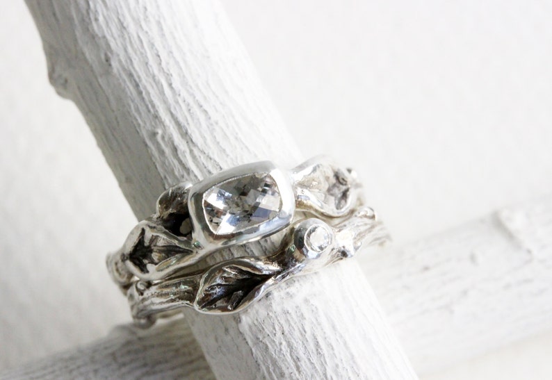 6x4mm Rectangular White Topaz White Topaz,White Sapphire Silver Twig Leaf Rings,Engagement Ring Set