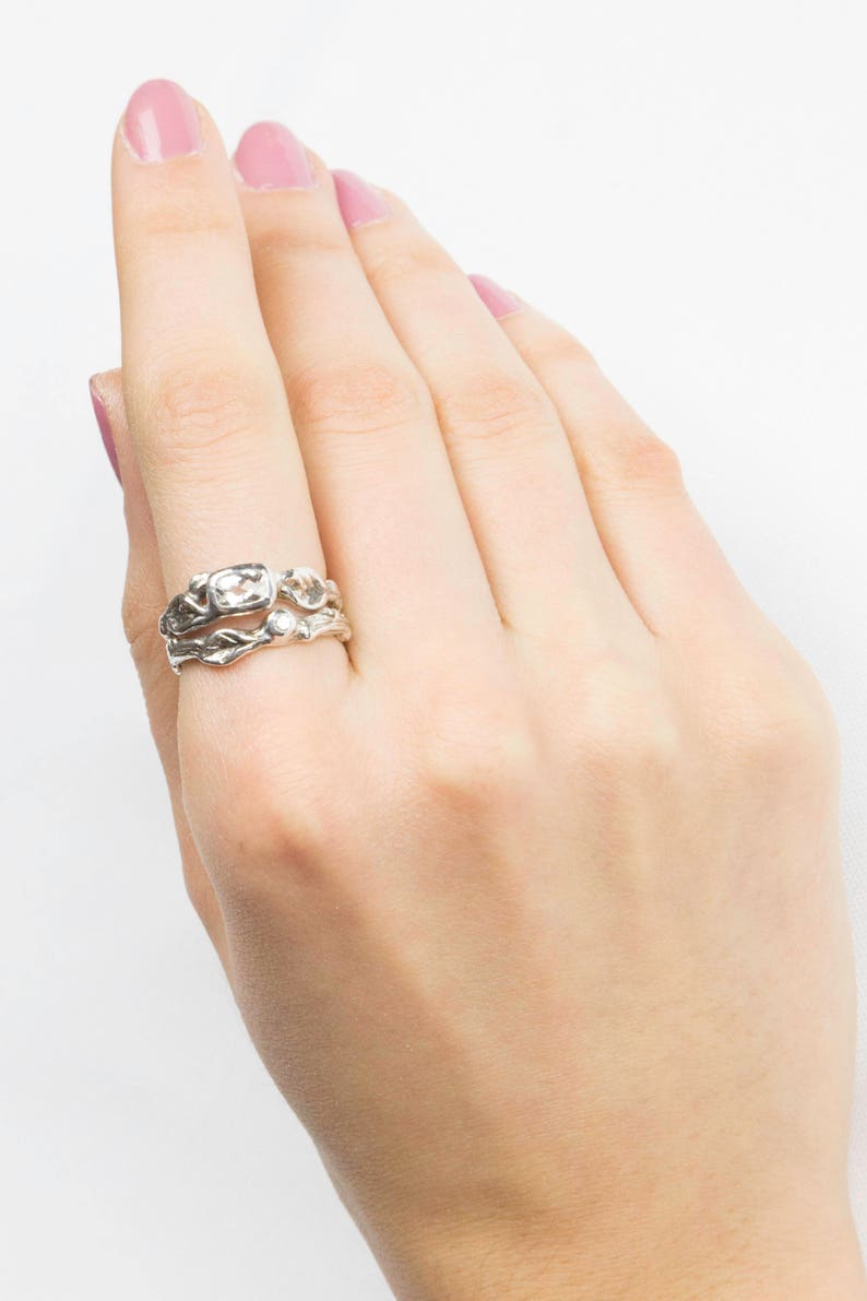 6x4mm Rectangular White Topaz White Topaz,White Sapphire Silver Twig Leaf Rings,Engagement Ring Set