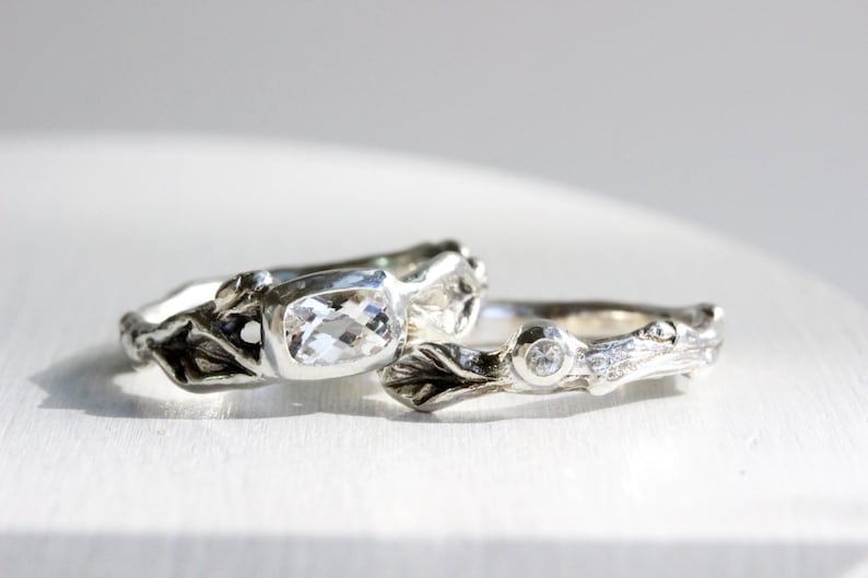 6x4mm Rectangular White Topaz White Topaz,White Sapphire Silver Twig Leaf Rings,Engagement Ring Set