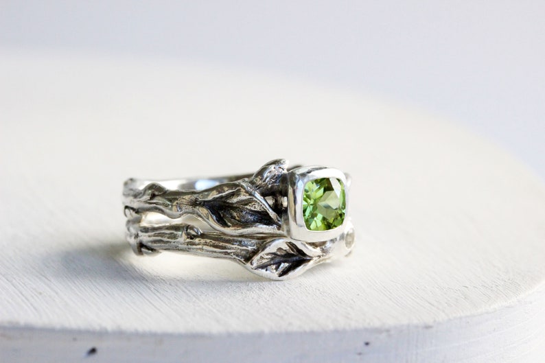 Silver Twig Ring Set,Nature Tree Fine Jewelry Square Peridot,White Sapphire,Leaf Twig Engagement Ring Set