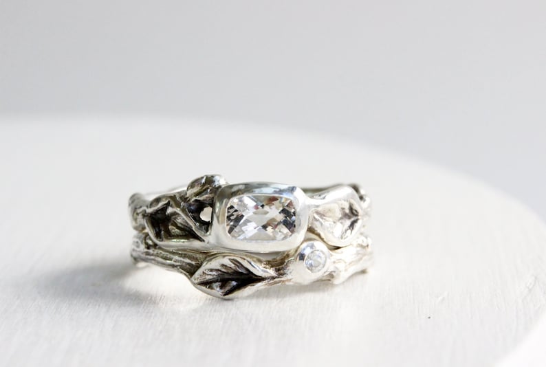 6x4mm Rectangular White Topaz White Topaz,White Sapphire Silver Twig Leaf Rings,Engagement Ring Set