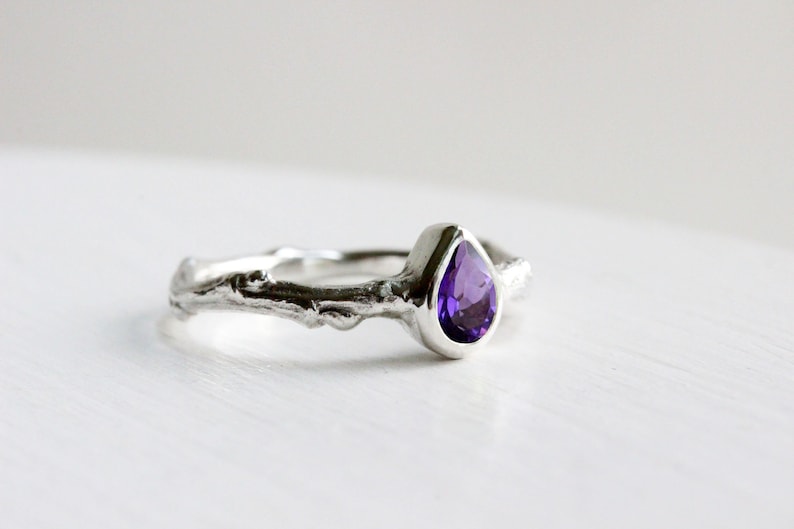 Pear Amethyst Silver Twig Ring,Tree Nature Inspired Ring Handmade Fine Jewelry