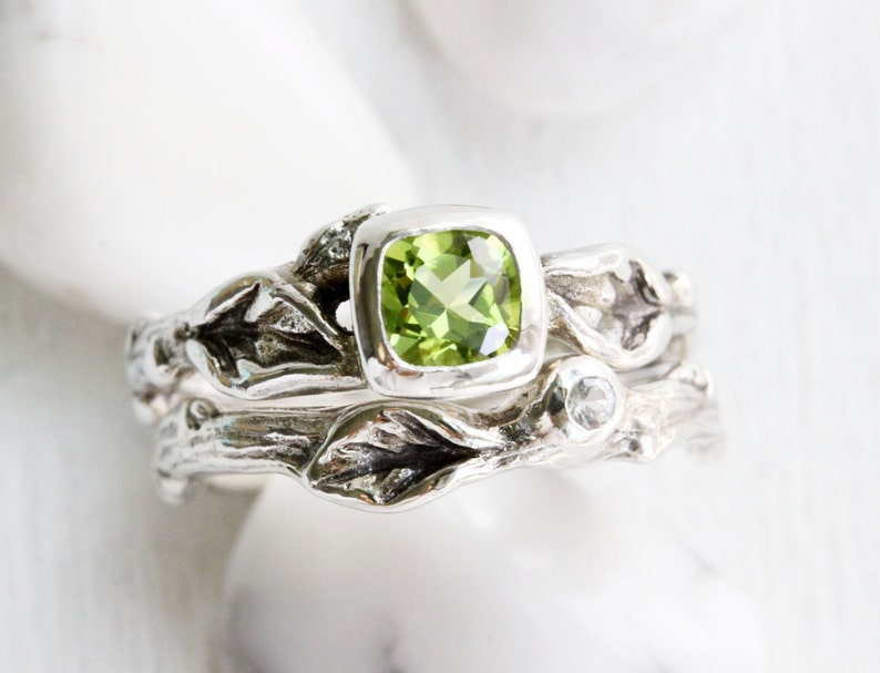 Silver Twig Ring Set,Nature Tree Fine Jewelry Square Peridot,White Sapphire,Leaf Twig Engagement Ring Set