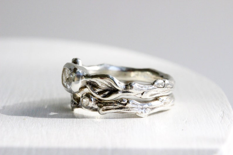 6x4mm Rectangular White Topaz White Topaz,White Sapphire Silver Twig Leaf Rings,Engagement Ring Set