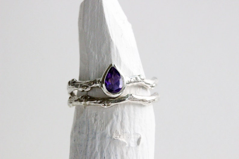 Pear Amethyst Silver Twig Ring,Tree Nature Inspired Ring Handmade Fine Jewelry