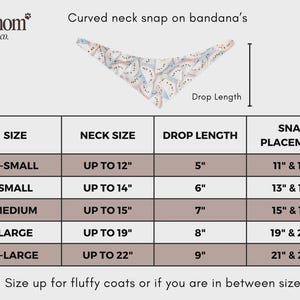 May include: A triangular pet bandana with a curved neck and a watermelon slice pattern. The image includes a sizing chart with columns for size, neck size up to 22 inches, drop length up to 9 inches, and snap placement from 11 to 22 inches.