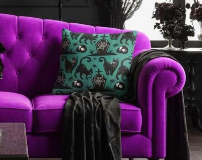 Black Cat Halloween Throw Pillow: Gothic Fall Home Decor