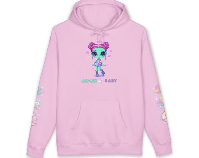 Moon Baby Pink Hoodie: Kawaii Alien, Celestial Sleeve Design