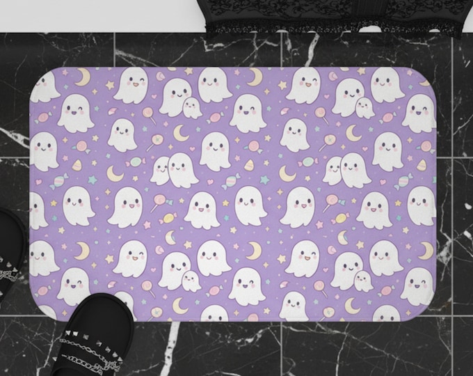 Kawaii Ghost Bath Mat - Pastel Goth Bathroom Rug - Memory Foam Microfiber Mat - Cute Spooky Decor - Anti Slip Floor Mat