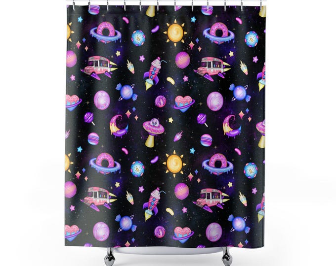 Kawaii Space Shower Curtain: Cosmic Candy Bathroom Decor