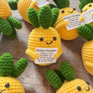 May include: Crocheted yellow pineapple plushies with green leafy tops and smiling faces. Each pineapple holds a small sign that reads "Positive Pineapple" with an inspirational message. A cheerful and handmade item.