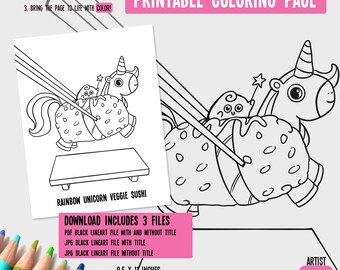 Unicorn Sushi Printable Coloring Page Digital Download | Coloring Sheet | Cute Coloring Pages | Adult Digital Coloring Page