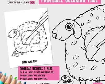 Sheep Tuna Roll Printable Coloring Page Digital Download | Coloring Sheet | Cute Coloring Pages | Adult Digital Coloring Page