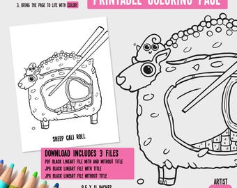 Sheep California Roll Printable Coloring Page Digital Download | Coloring Sheet | Cute Coloring Pages | Adult Digital Coloring Page