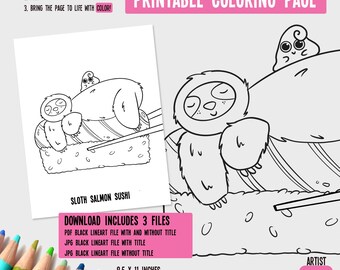 Sloth Sushi Printable Coloring Page Digital Download | Coloring Sheet | Cute Coloring Pages | Adult Digital Coloring Page
