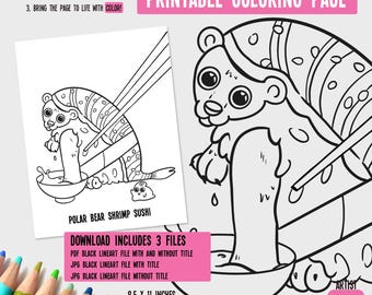 Polar Bear Sushi Printable Coloring Page Digital Download | Coloring Sheet | Cute Coloring Pages | Adult Digital Coloring Page
