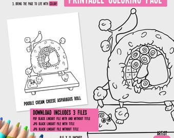 Poodle Sushi Roll Printable Coloring Page Digital Download | Coloring Sheet | Cute Coloring Pages | Adult Digital Coloring Page