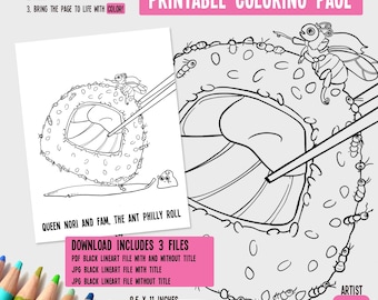 Ant Philly Roll Printable Coloring Page Digital Download | Coloring Sheet | Cute Coloring Pages | Sushi Art | Adult Digital Coloring Page