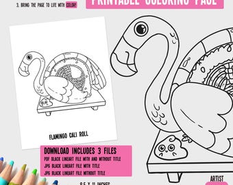 Flamingo Cali Roll Printable Coloring Page Digital Download | Coloring Sheet | Cute Coloring Pages | Sushi Art | Adult Digital Coloring Page