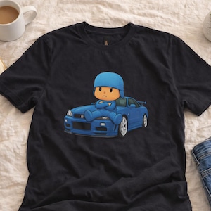 Pocoyo Inspired Funny T-Shirt | Cute Blue Cartoon Sitting on Nissan Skyline GT-R R34 | JDM Car Lover Gift | Drift Streetwear Tee
