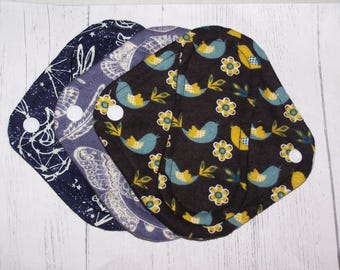 Set of 3 Petite flannel panty liners with wings 7 inches in assorted prints