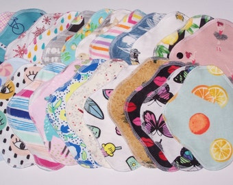 Set of  6/7/12  Flannel  light thin panty liners with wings 8 inches in assorted prints with option for extra snap