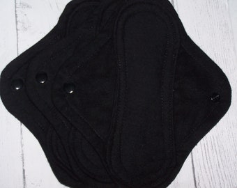 Set of 6 Flannel  panty liners with wings 8 inches in solid black