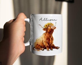 Personalized Highland Cow Sunflower Mug,Custom Floral Coffee Cup, Cute Cow Lover Gift For Her, Farm Animal Mug,Birthday Or Christmas Present