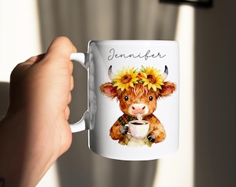 Personalized Highland Cow Sunflower Mug,Custom Floral Coffee Cup, Cute Cow Lover Gift For Her, Farm Animal Mug,Birthday Or Christmas Present