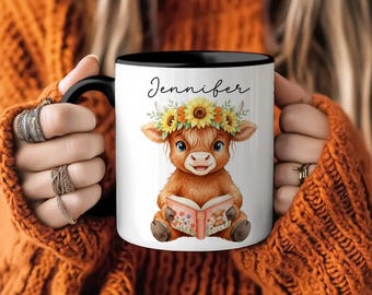 Personalized Highland Cow Sunflower Mug,Custom Floral Coffee Cup, Cute Cow book Lover Gift , Farm Animal Mug,Birthday Or Christmas Present