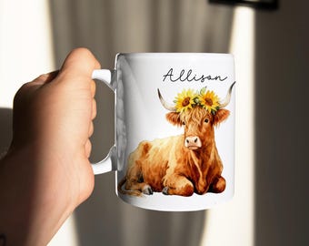 Personalized Highland Cow Sunflower Mug,Custom Floral Coffee Cup, Cute Cow Lover Gift For Her, Farm Animal Mug,Birthday Or Christmas Present
