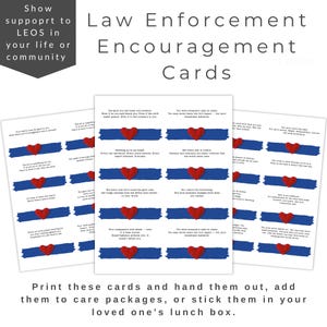 Puede incluir: Tres tarjetas blancas con mensajes de ánimo para las fuerzas del orden. Cada tarjeta presenta una franja azul con un corazón rojo y texto. Las tarjetas están diseñadas para ser impresas y entregadas a sus seres queridos. El texto incluye frases de apoyo.