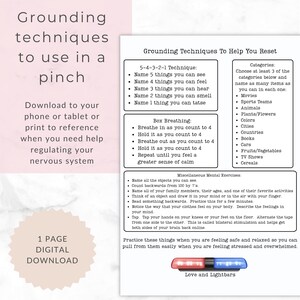 May include: A digital download with grounding techniques to help regulate the nervous system. The document includes the 5-4-3-2-1 technique, box breathing, and mental exercises. The text is in black on a white background, with a pink accent.