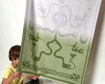 Bird friend” Baby Alpaca Blanket - Green / Lilac