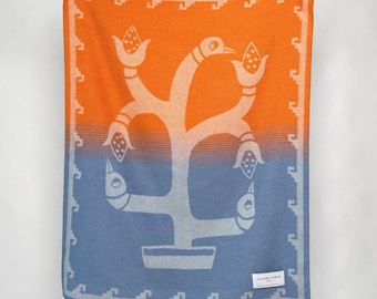 Bird and Corn” Baby Alpaca Blanket - Orange / Blue