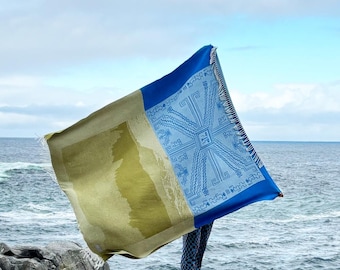 100% Baby Alpaca Jacquard Throw, Limited Edition, Home Decor, Geometric Blue Green